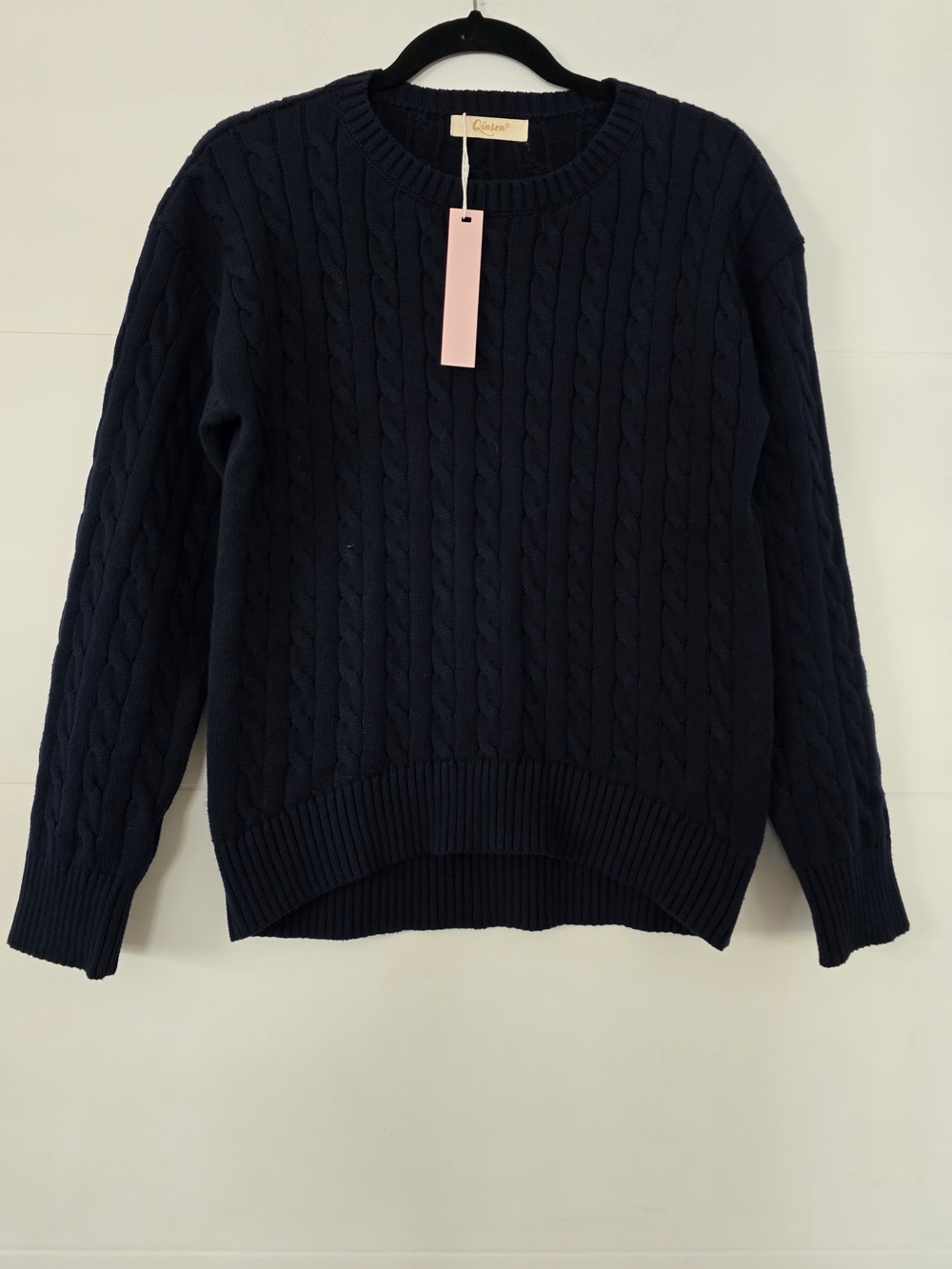 Qinsen Women's Cable Knit Crewneck Sweater Navy Blue 100% Cotton Size S NWT